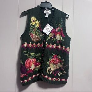 Tiara Dark Green Vest with Floral Accents NWT